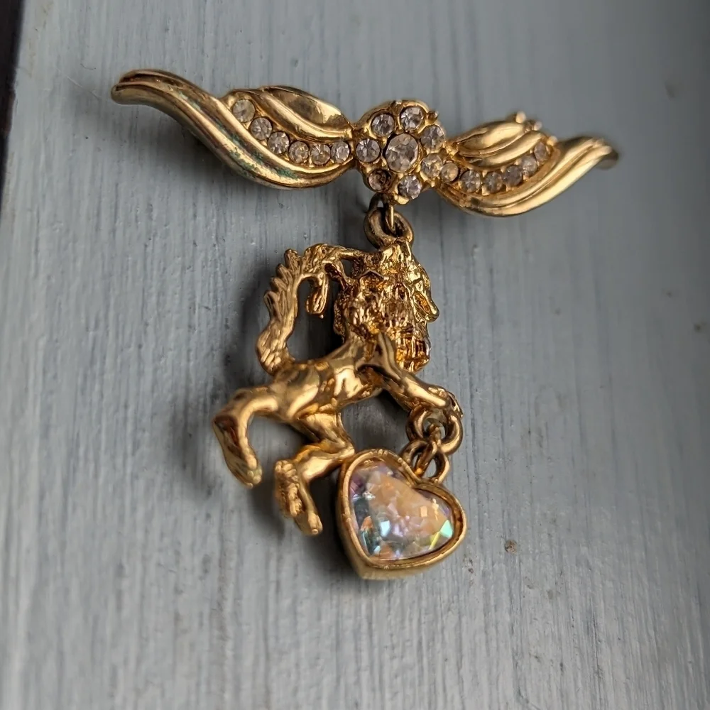 Lion Angel Gryffin pin brooch rhinestone 10k gold plated Mystical Magical Royal